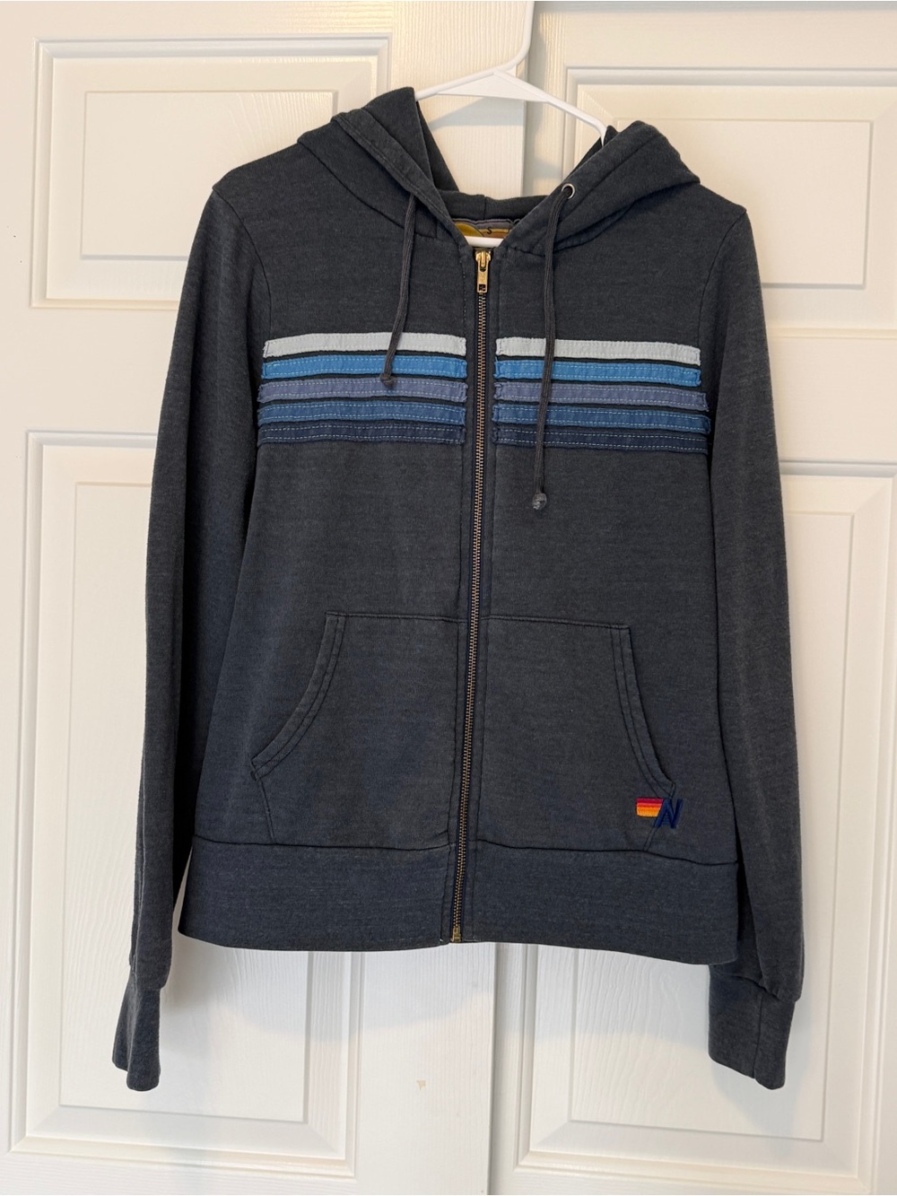AVIATOR NATION 5 Stripe Zip-Up Hoodie Charcoal SIZE S - Picture 2 of 9